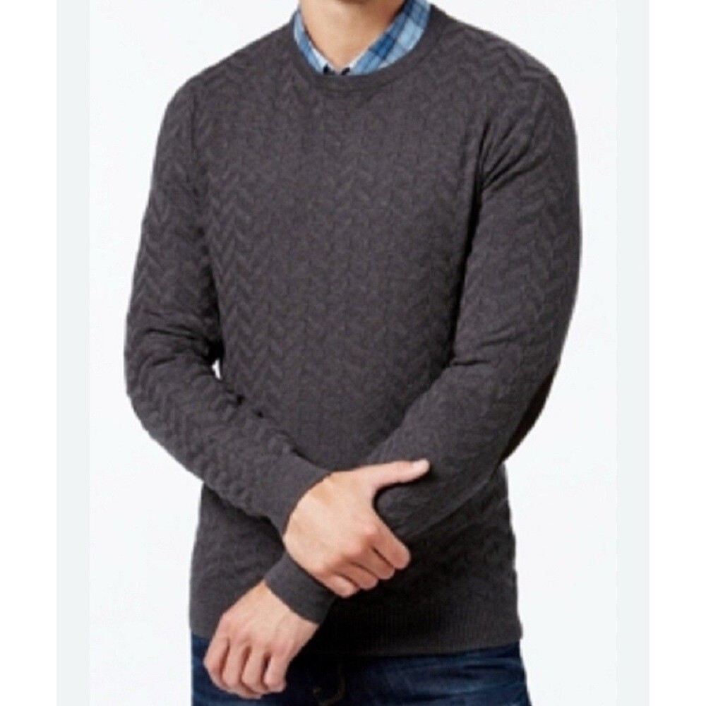 Tasso Elba New Men’s Sweater, Chevron Crewneck Dark Charcoal Gray Pullover L